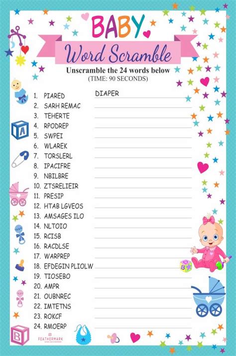 FEATHERMARK Baby Shower Word Scramble Party & Fun Games Board Game ...