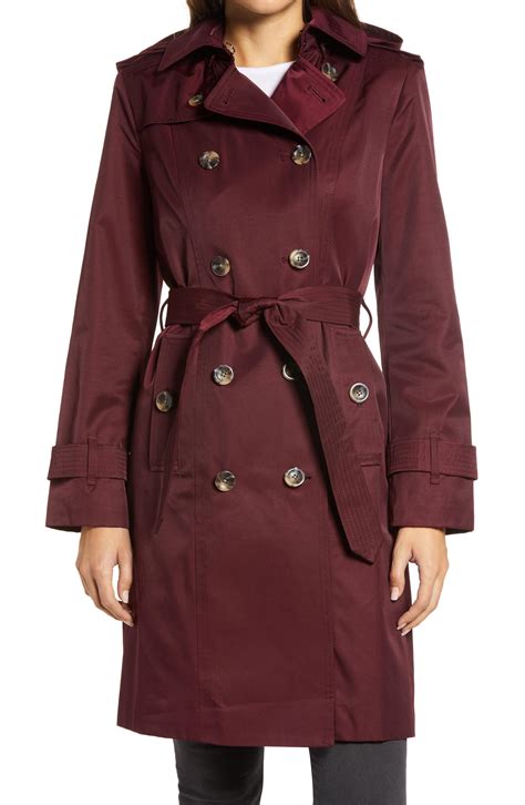 London Fog Double Breasted Trench Coat With Removable Hood in Burgundy ...