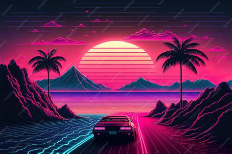 Vista posterior retrofuturista do supercarro dos anos 80 no fundo do ...