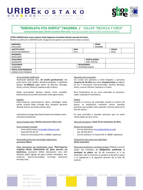 Recicla y Crea Workshop Registration Form - Plantilla Rellenable en ...
