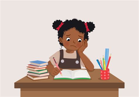 cute little African girl feeling stress tired and bored studying doing ...