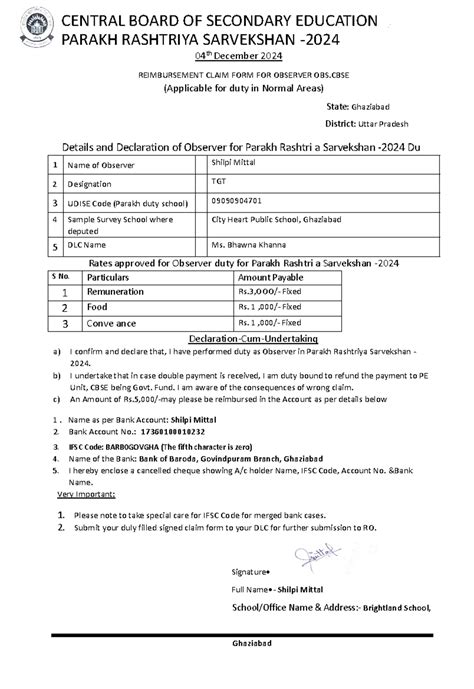 Reimbursement Claim Form for Observer - Parakh Sarvekshan 2024 - Studocu