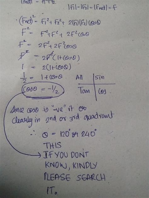 find the angle between two forces of equal magnitude when the magnitude ...