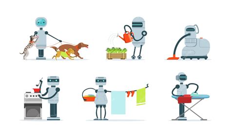 Premium Vector | Domestic Robots Set Artificial Intelligence Android Assistant Helping People ...