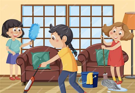 Niños de dibujos animados limpiando la casa | Vector Premium