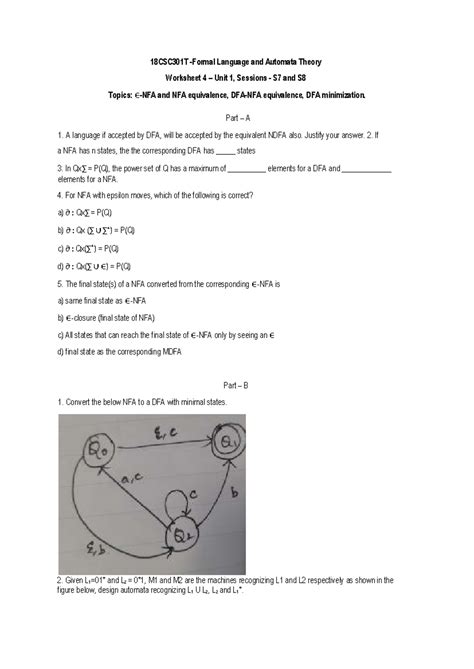 18CSC301T Language and Automata Theory Worksheet 4: NFA & DFA Concepts ...
