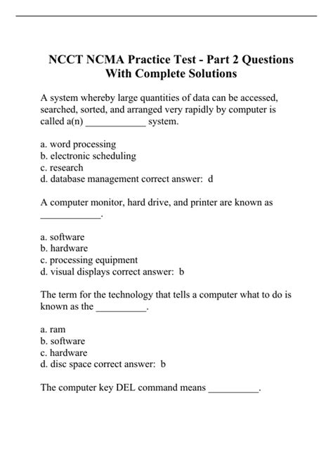NCCT NCMA Practice Test - Part 2 Questions With Complete Solutions ...