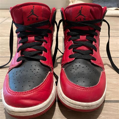 air Jordan 1 shoes red and black 6y - Depop