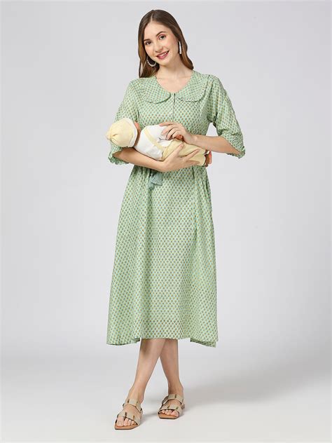 Buy 100% Cotton Green Floral Printed 3/4 Bell Sleeve Maternity Kurta ...