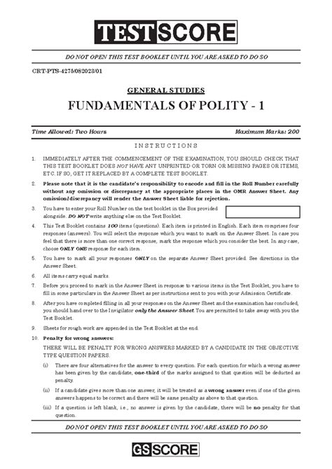 TEST 1 Polity 1 QP - DO NOT OPEN THIS TEST BOOKLET UNTIL YOU ARE ASKED ...