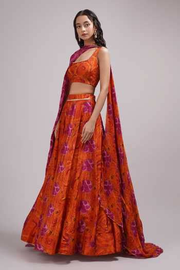 Buy Pink Cotton, Silk Embroidery, Sequins Ginger Floral Print Lehenga ...