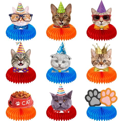 Set of 9 Cat Themed Honeycomb Centerpieces Cat Birthday Decorations ...