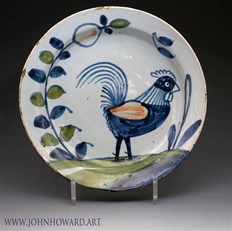 English delftware pottery plate with image of a cockerel antique period ...