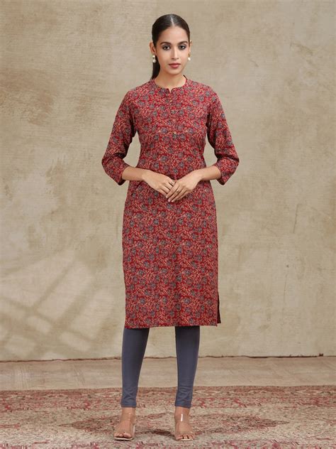 Maroon Floral Printed Straight Cotton Kurta – Cotton Culture