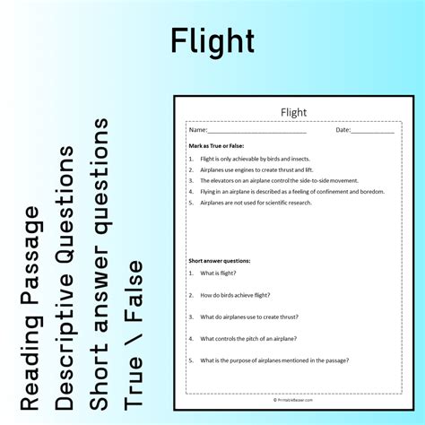 Flight | Reading Comprehension Passage Printable Worksheet ...