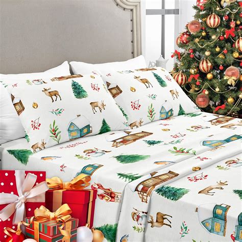 Amazon.com: YIYEA Christmas King Size Sheets Set, Luxury 1800TC Double ...