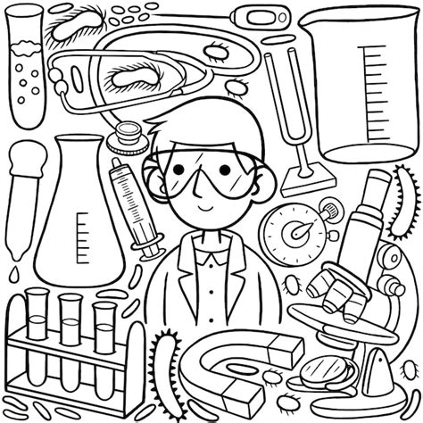 Premium Vector | A line art drawing of a man scientist with various ...