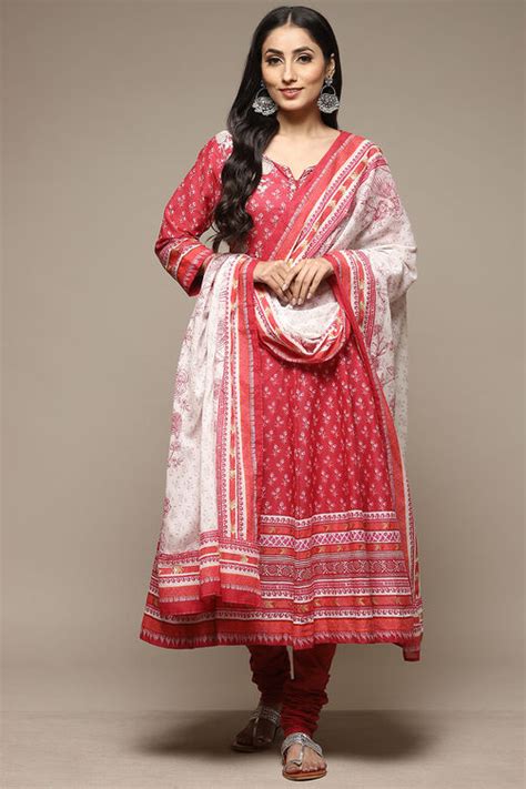 Red Cotton Anarkali Kurta Churidar Suit Set