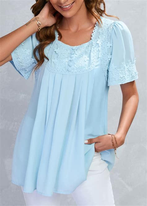 Light Blue Lace Half Sleeve Square Neck Blouse | modlily.com - USD 41.98