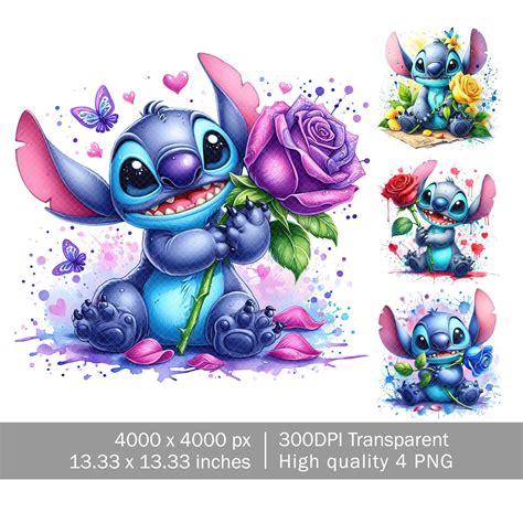 Stitch Floral Watecolor Png, Cartoon Flowers Png, Cartoon Watercolor ...