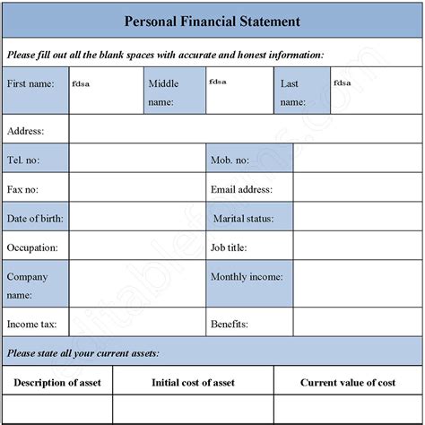 Personal Financial Statement Form Printable