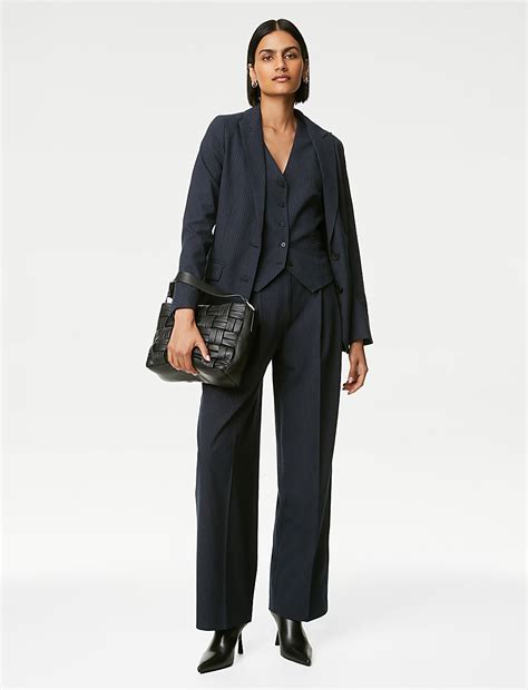 Buy Pinstripe Pleat Front Wide Leg Trousers at Marks & Spencer