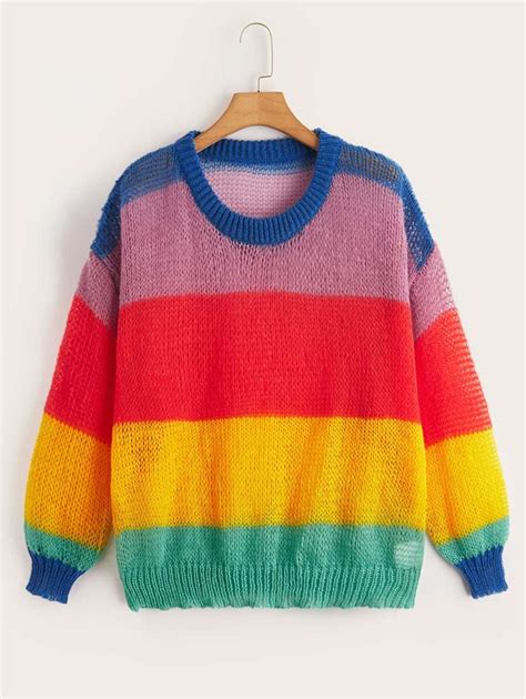 Plus Rainbow Striped Drop Shoulder Sweater | SHEIN USA