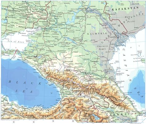 Map of Volga basin and Caucasus mountains. Detailed physical map of the Volga region with cities ...