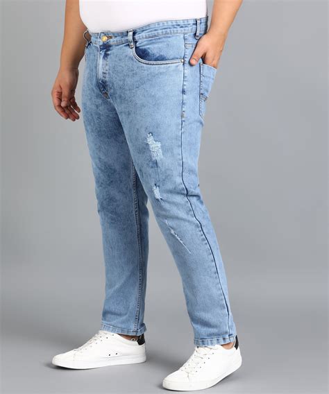 Plus Men's Sky Blue Slim Fit Washed Mild Distressed/Torn Jeans Stretch ...