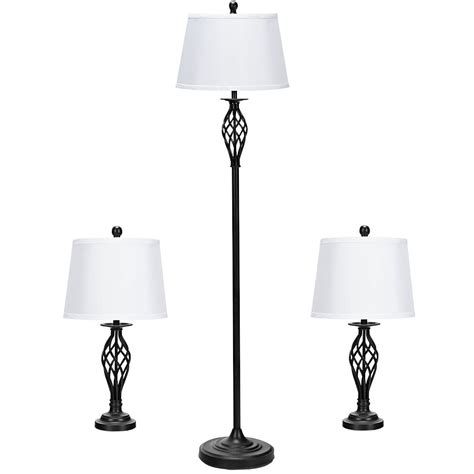Gymax 3-Piece Lamp Set 2 Table Lamps 1 Floor Lamp Fabric Shades Living ...