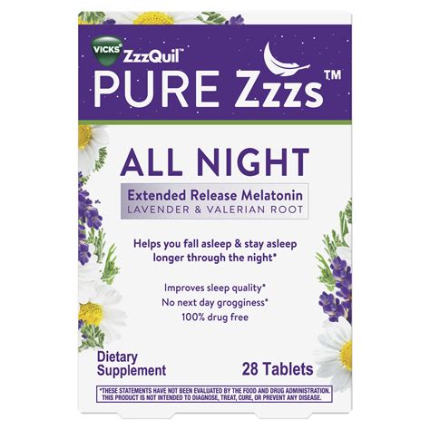 Vicks ZzzQuil Pure Zzzs All Night Extended Release Melatonin Tablets, Dietary Supplement, 28 Ct ...
