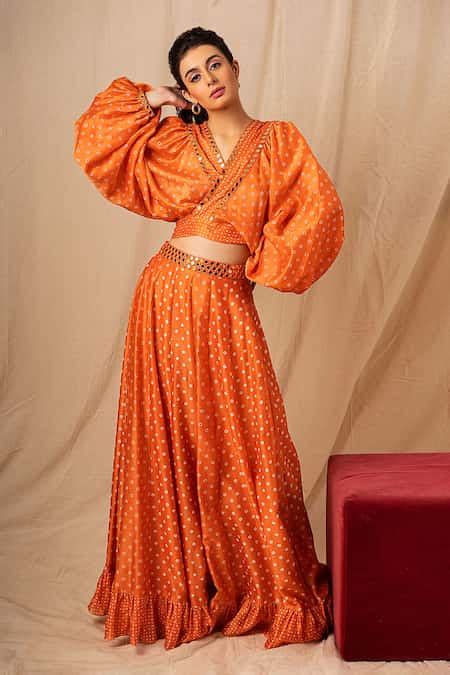 Buy Orange Chanderi Mirror, Bandhani V Neck Pattern Crop Top For Women ...