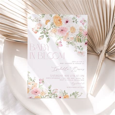 Baby in Bloom Invitation, Floral Baby Shower Invitation, Peach Pink ...