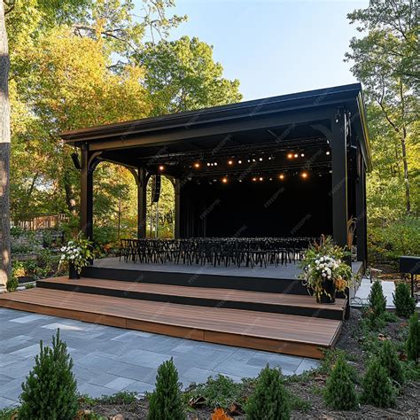An outdoor event space with a stage and seating arranged for a ...
