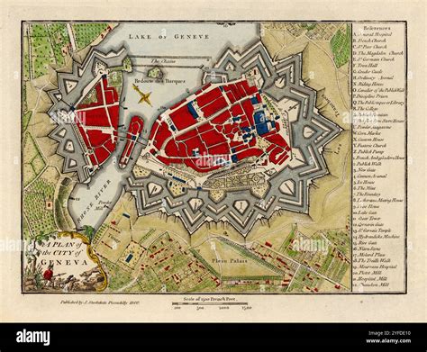 Vintage Plan of the City of Geneva, Switzerland, showing fortifications ...