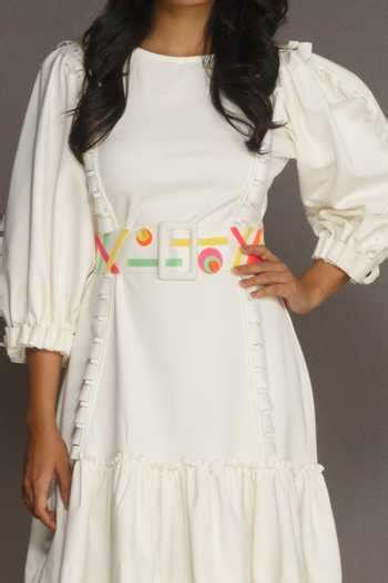 Buy White Ruffle Cutwork Detailed Dress With Belt For Women by Deepika ...