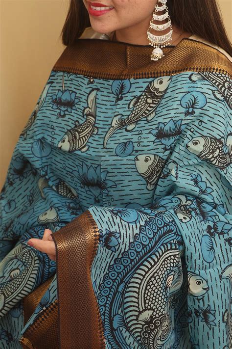 Stunning Blue Kalamkari Hand Painted Silk Dupatta