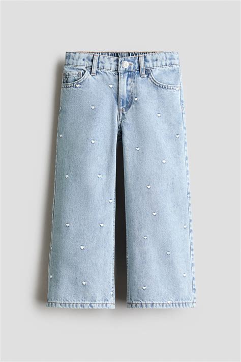 Light denim blue/Hearts Motif-detail wide leg jeans for kids | H&M IN