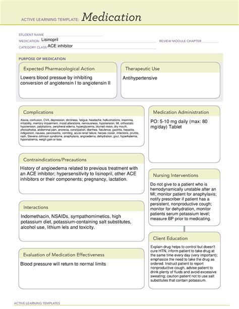 Lisinopril - Med card - ACTIVE LEARNING TEMPLATES Medication STUDENT ...