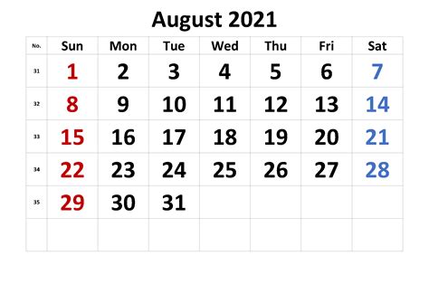 August 2021 Calendar Blank at Saspermanentblog Blog