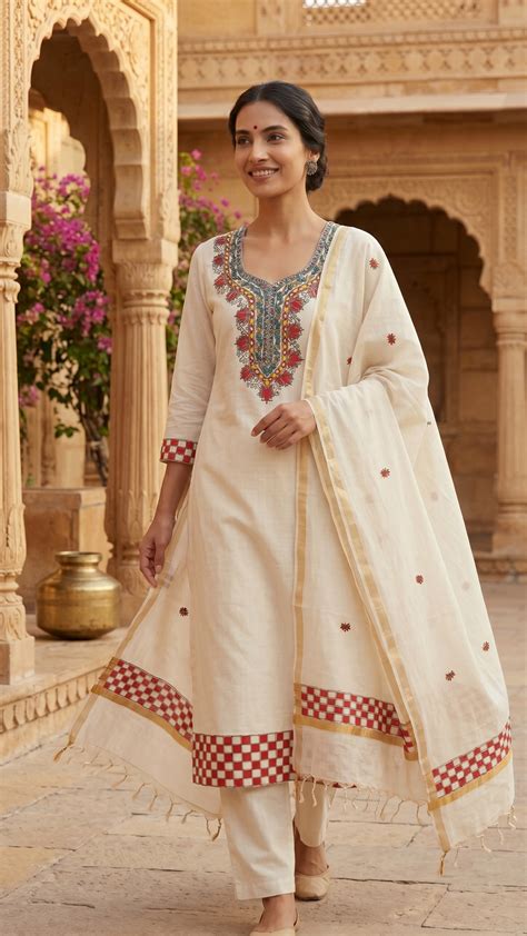 Ivory Grace – Hand-Painted Madhubani Katan Cotton 3-Piece Suit Set ...
