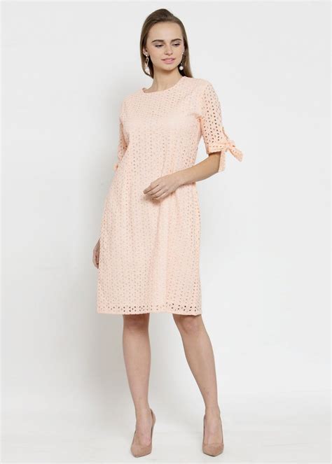 Get Schiffli Elbow Tie Peach Dress at ₹ 2150 | LBB Shop
