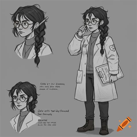Sketch character sheet of a young woman in a lab coat with glasses and ...