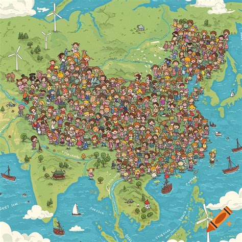 Cartoon illustration of children forming a map of China on Craiyon