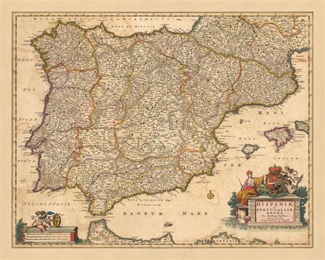 Old map of the kingdoms of spain portugal by visscher 1690 madrid lisbon barcelona gibraltar ...