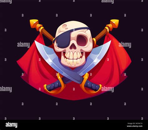 Heraldic pirate skull with crossed sabers and red flags. Cartoon vector emblem with grinning ...
