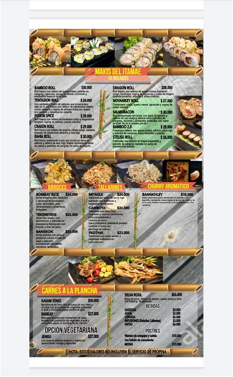 Menu at Bamboo Sushi Bar., Bogotá