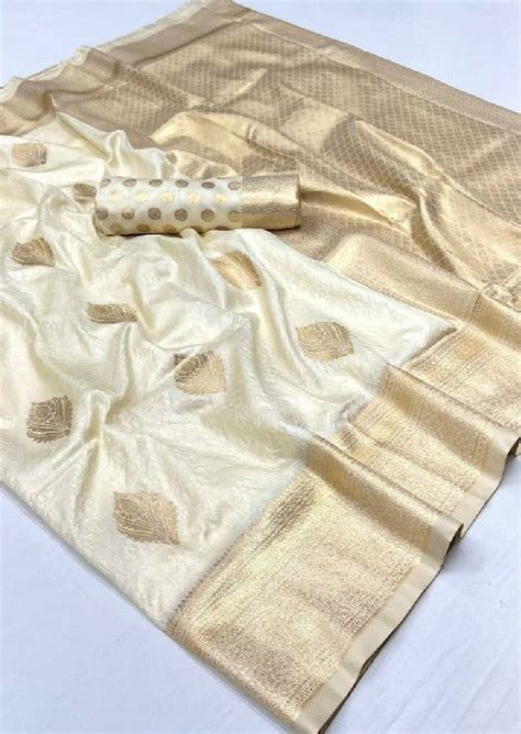Pure Handloom Soft Banarasi Silk White Saree With Golden Zari Border ...