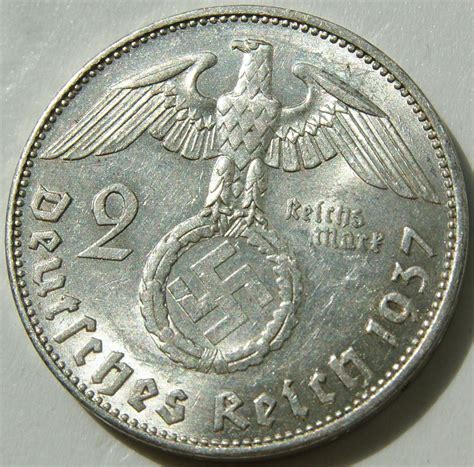 ORIGINAL THIRD REICH SILVER COIN 2 Reichsmark 1937 E .625% silver ...