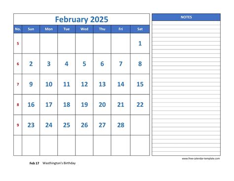 February Calendar 2025 grid lines for holidays and notes (horizontal ...